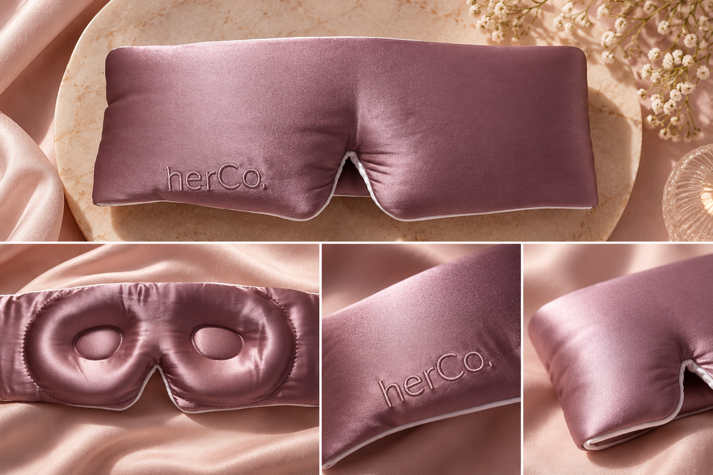 A satin sleep mask in a dusty mauve-pink color, shown in a multi-panel collage. The top panel shows the mask laid flat on a beige stone slab with dried flowers, while the bottom panels show close-ups of the eye openings, the embroidered 'herCo.