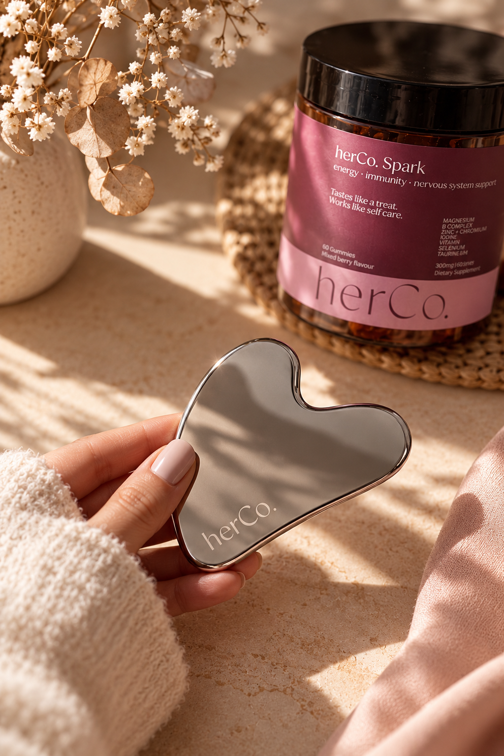 gua sha face massager tool herCo. branded