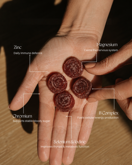 Four dark red circular supplement gummies held in a person's palm, with white text callouts listing nutrients such as Zinc, Magnesium, Chromium, B Complex, and Selenium & Iodine.